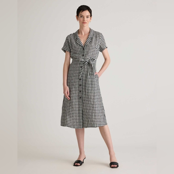 Quince Dresses & Skirts - Quince European Linen Gingham Khaki & Black Midi Dress